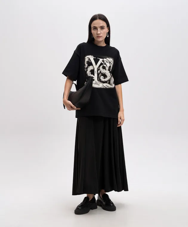 Y`S YAMAMOTO BLACK TSHIRT WITH A PRINT WITH A CRACKLE EFFECT