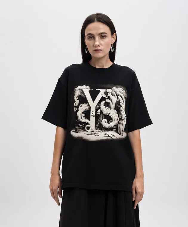 Y`S YAMAMOTO BLACK TSHIRT WITH A PRINT WITH A CRACKLE EFFECT
