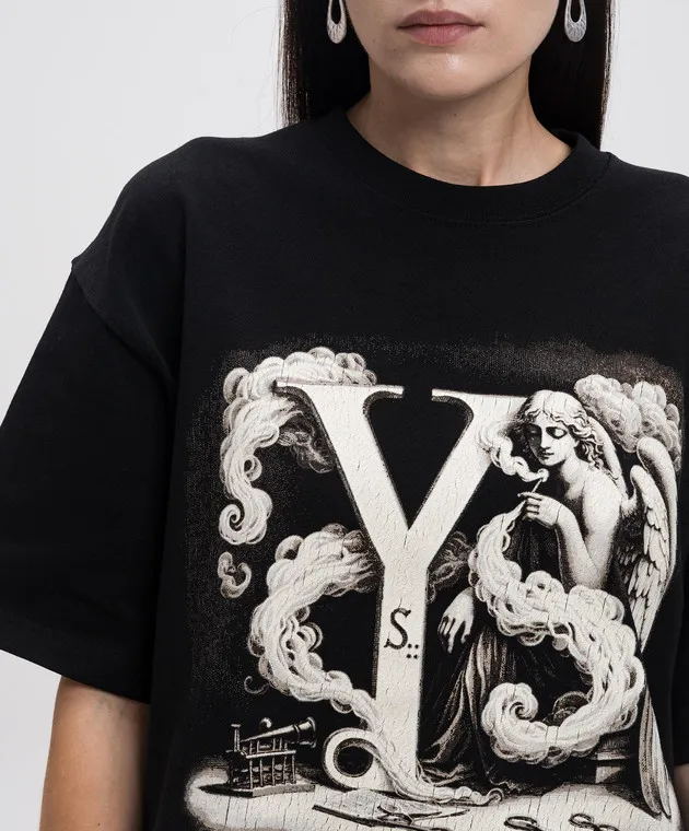 Y`S YAMAMOTO BLACK TSHIRT WITH A PRINT WITH A CRACKLE EFFECT